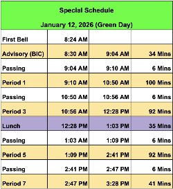 January122026SpecialGreenDaySchedule